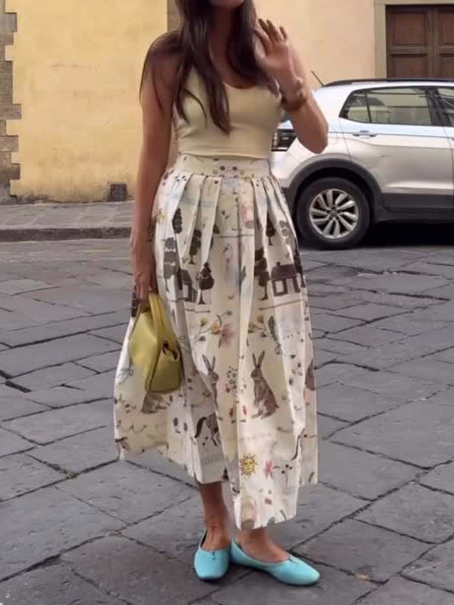 Printed Hight Waist Pleated Skirt