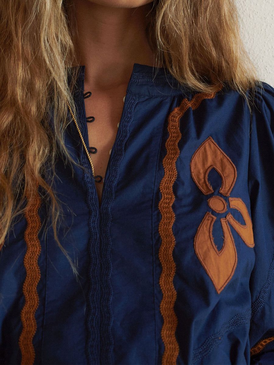 Placement Print Belted Long Sleeve Dress