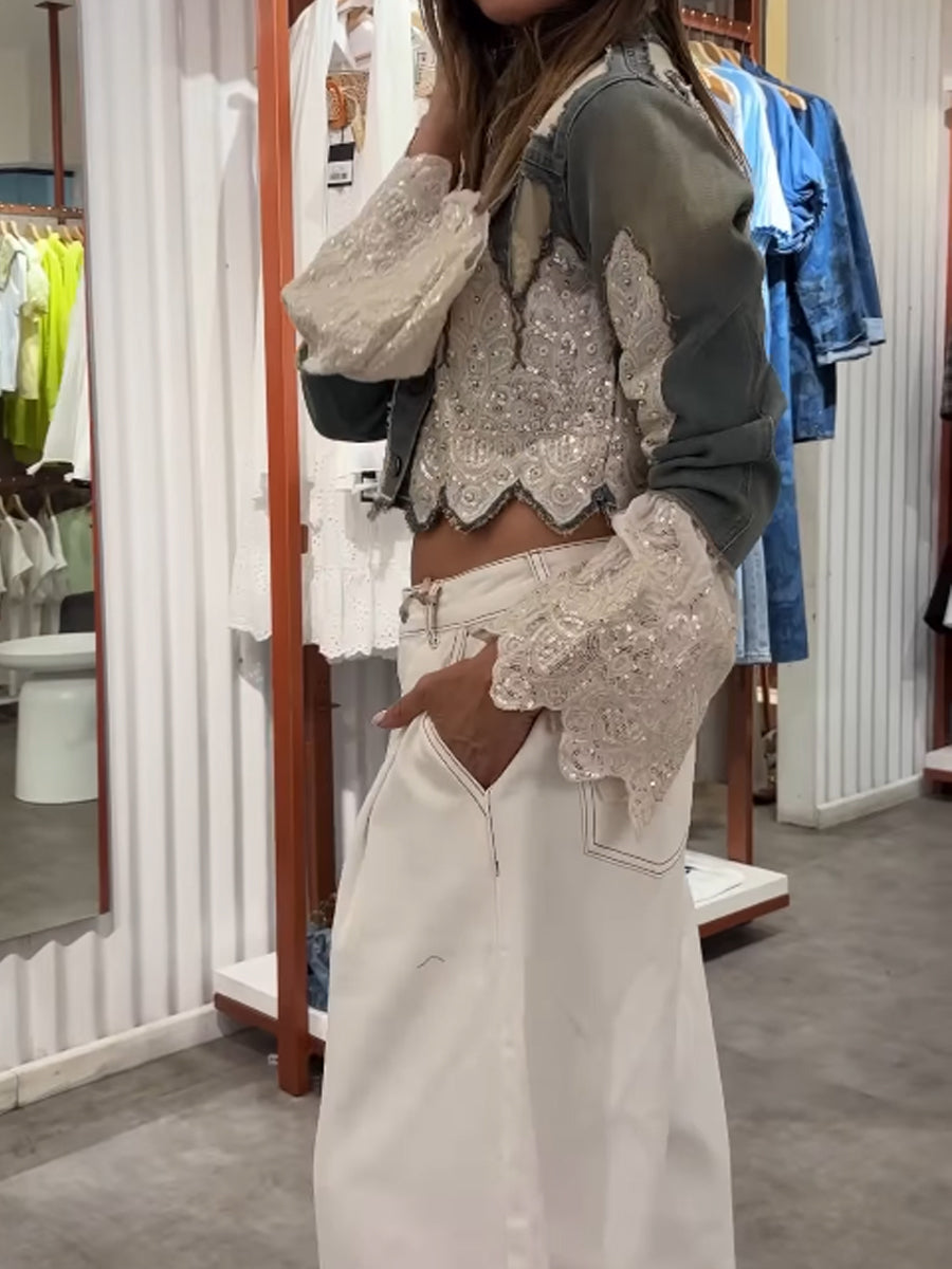 Sequined Flare Sleeve Denim Jacket