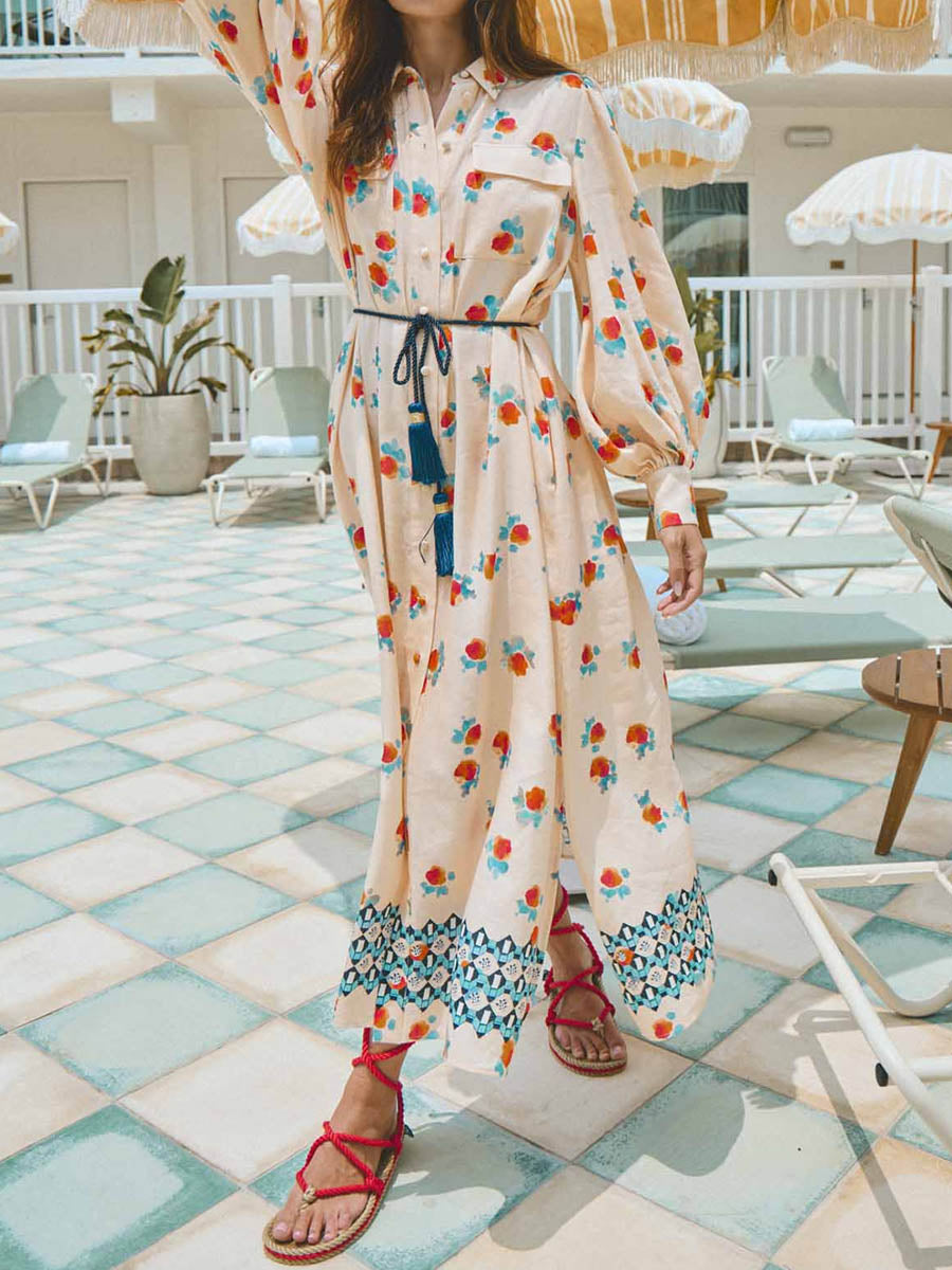 Printed Long Sleeve Tie-up Shirtdress