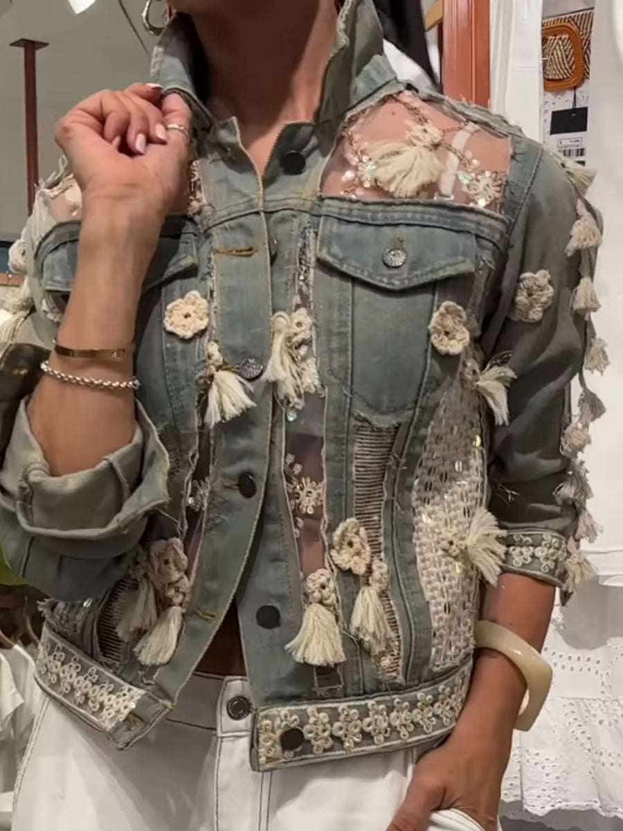 Cutout Embroidered Denim Jacket