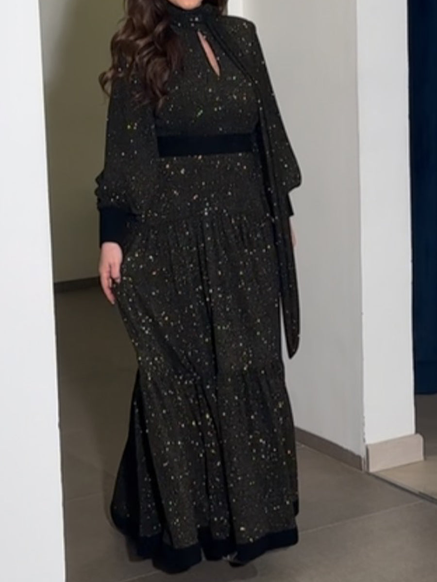 Shinny Long Sleeve Keyhole Neckline Maxi Dress