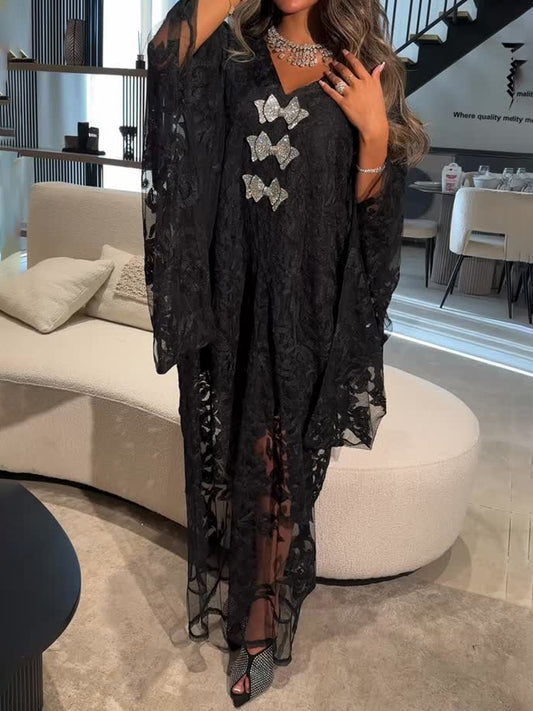 Rhinestone Sparkle Lace V Neck Dress