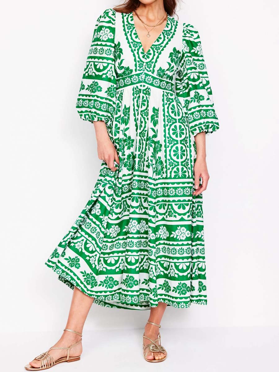 Printed V Neck Blouson Sleeve Maxi Dress
