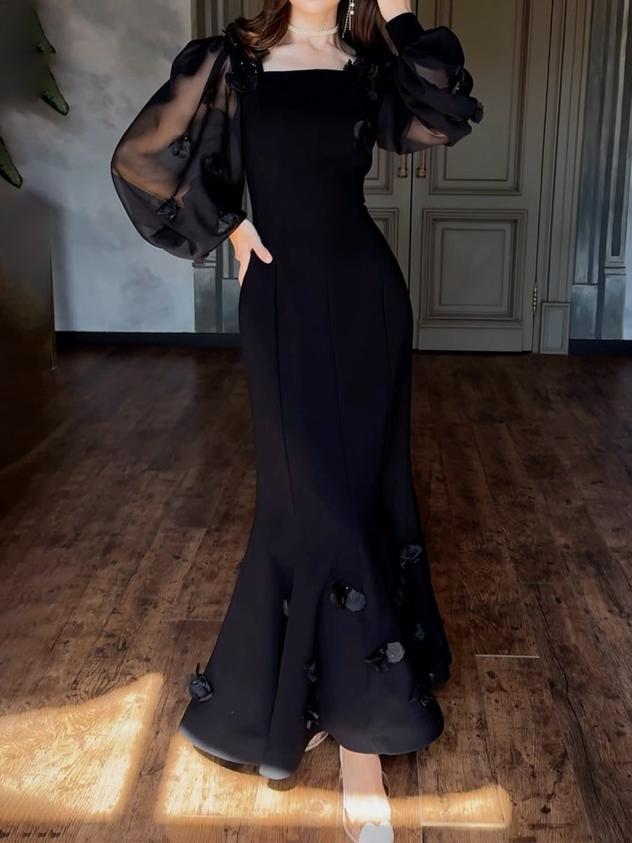 Square Collar 3D Flower Mermaid Dress