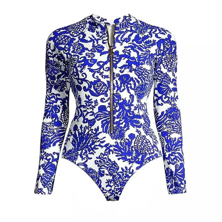 Long Sleeve Zip Front Blue White One Piece Surf Swimsuit and Sarong