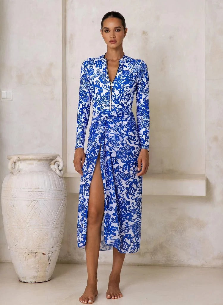 Long Sleeve Zip Front Blue White One Piece Surf Swimsuit and Sarong