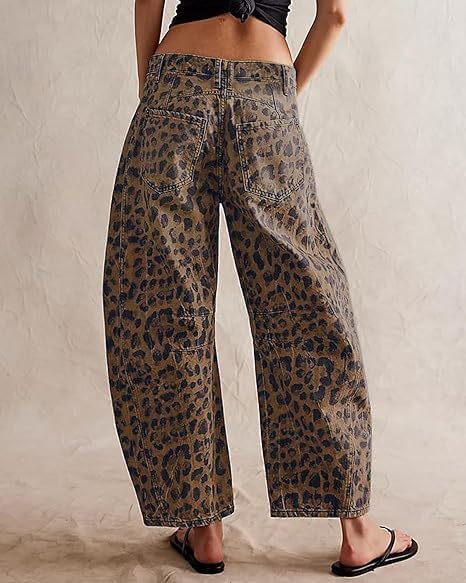 Leopard Print Wide Leg Denim Cropped Pants