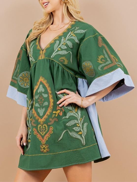 Embroidered Linen Floral Print Dress