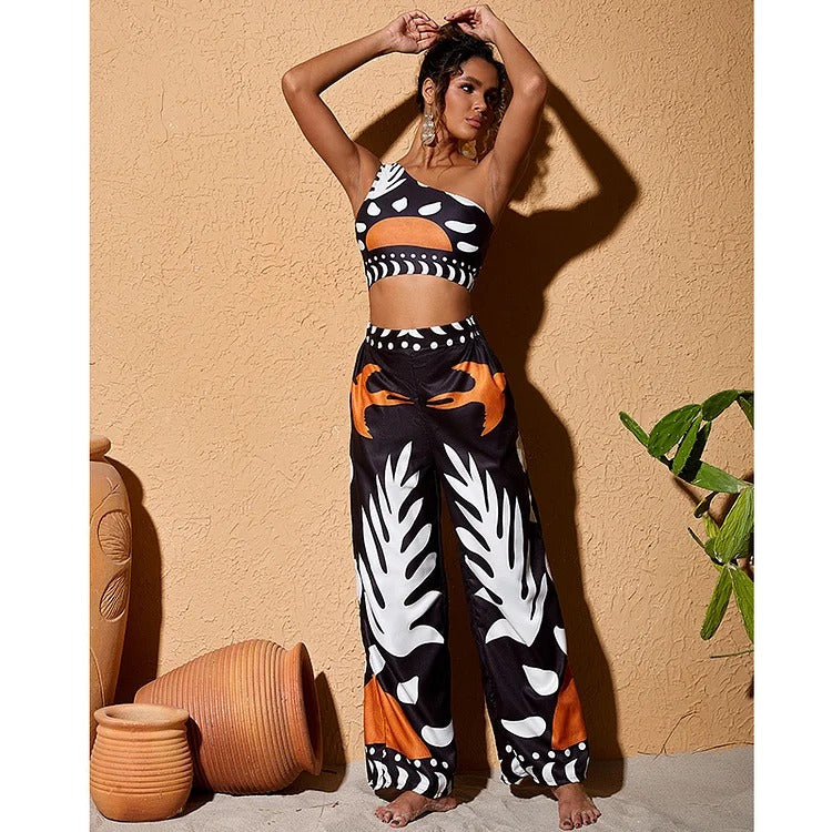 One Shoulder High Waist Bikini Swimsuit and Pants