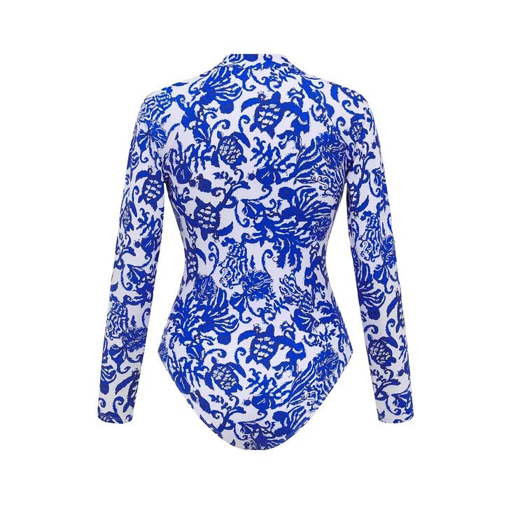 Long Sleeve Zip Front Blue White One Piece Surf Swimsuit and Sarong