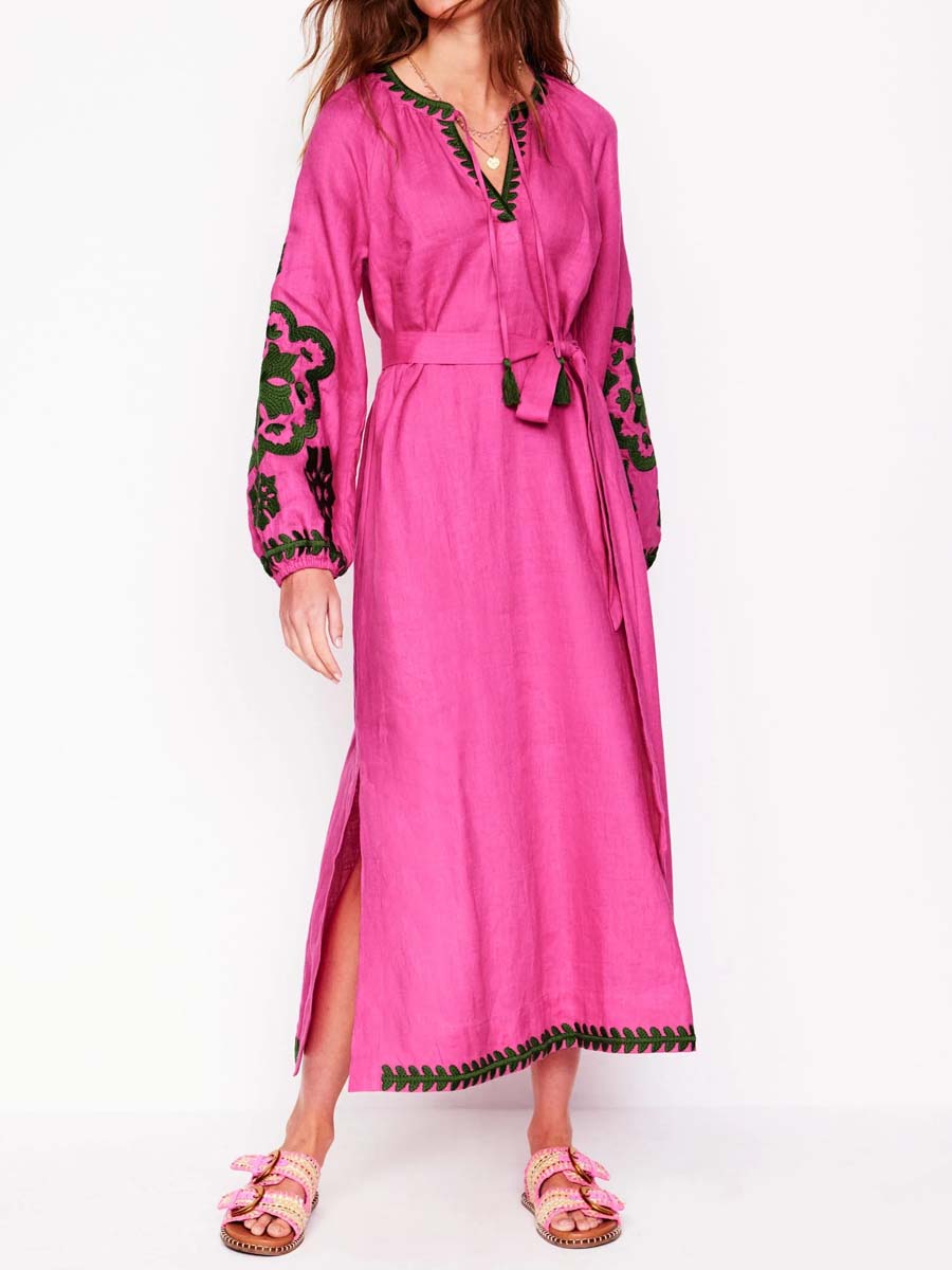 Embroidered Tassel V Neck Dress