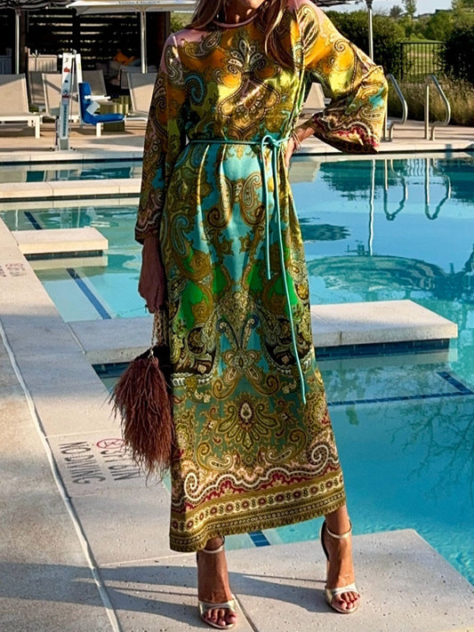 Printed Slit Hem Belted Satin Maxi Dress