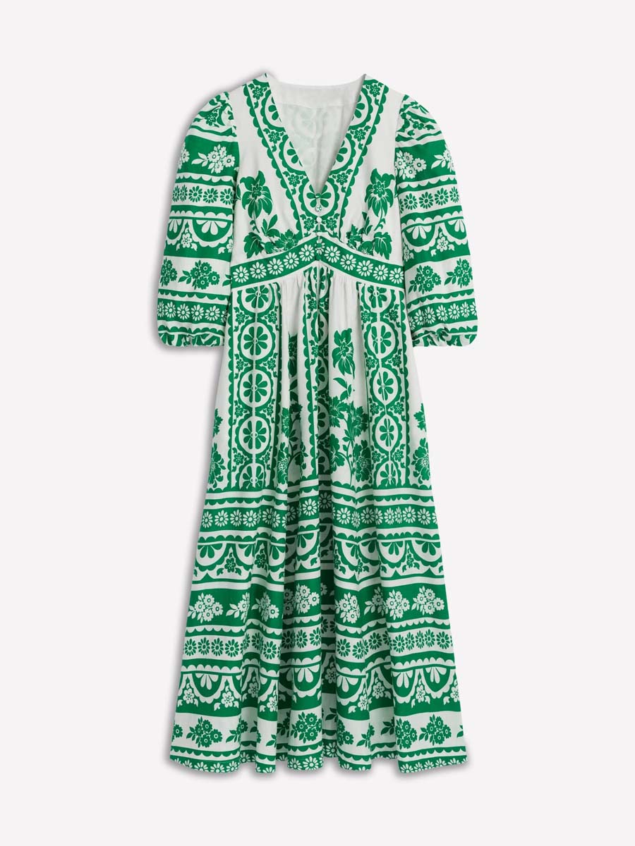 Printed V Neck Blouson Sleeve Maxi Dress