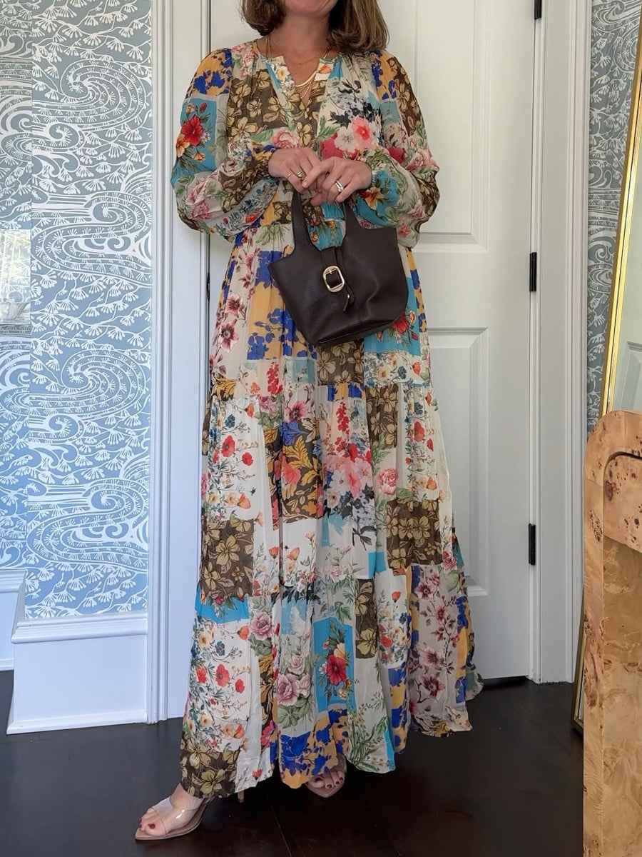 Printed V-neck Smocked Waist Maxi Dress