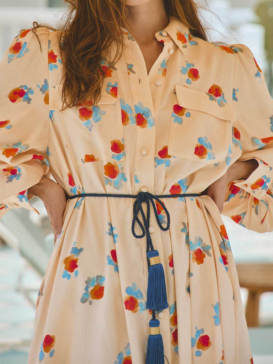 Printed Long Sleeve Tie-up Shirtdress
