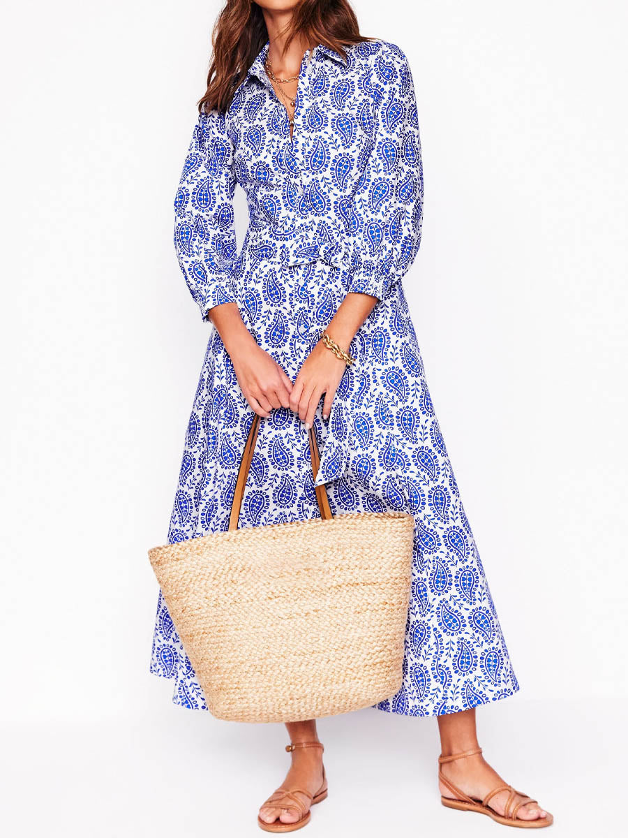 Printed Button Up Belted Shirtdress