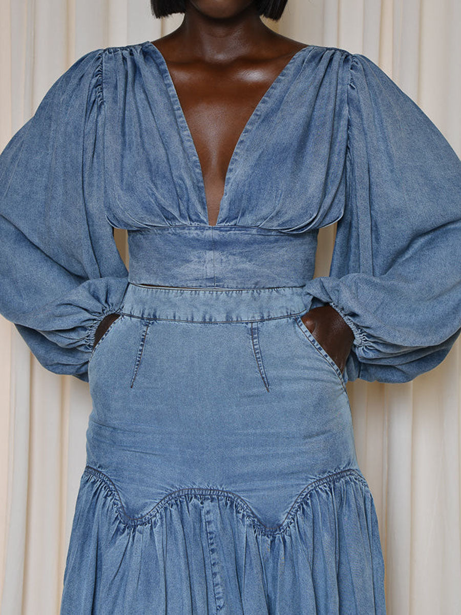 Denim Deep V Neck Backless Two Pieces Dress