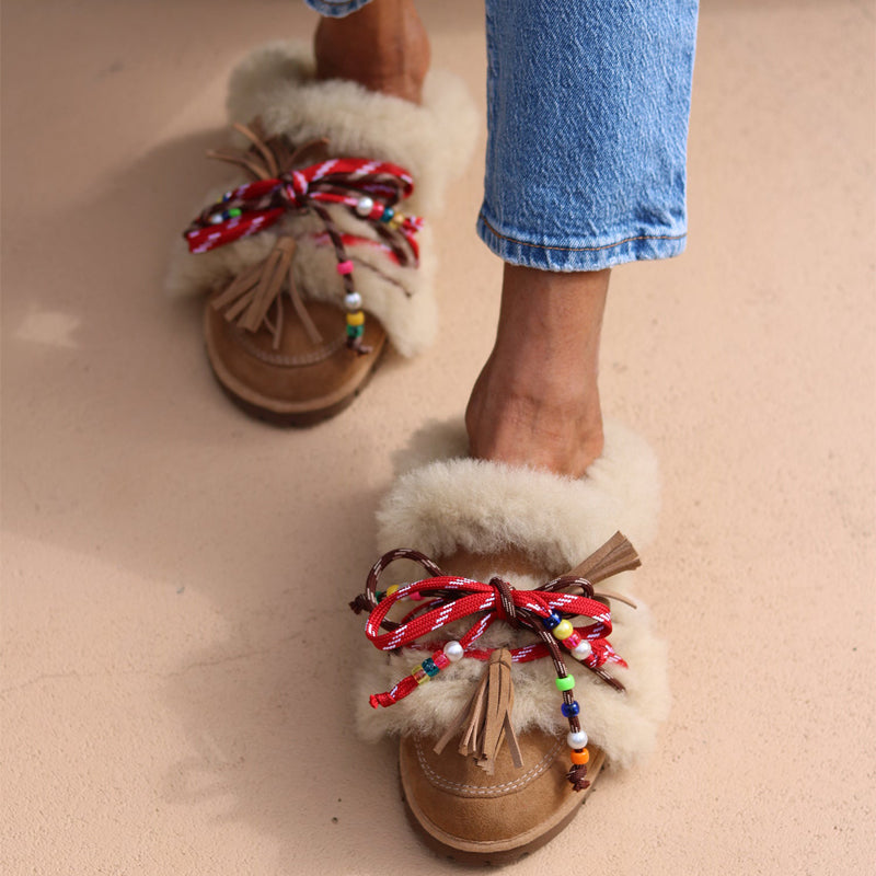 Beaded Fringed Plush Lace-Up Slippers