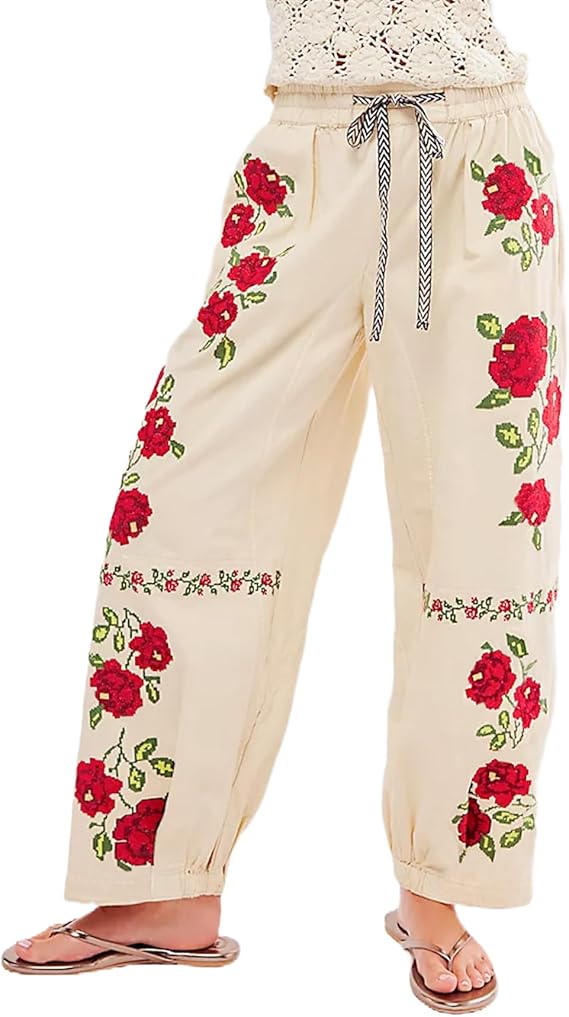 Mid Waist Bucket Style Embroidered Wide Leg Jeans
