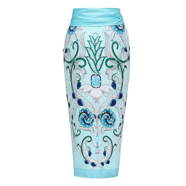 Sling Blue Jewelry Series Pattern Print One Piece Swimsuit and Skirt or Sarong