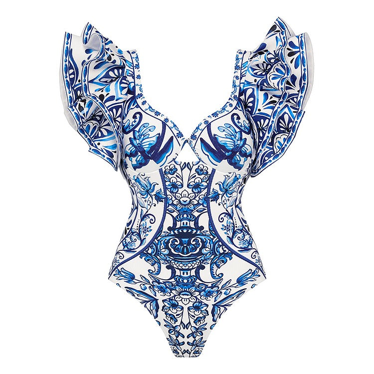 Ruffle Blue and White Porcelain Pattern Majolica Print One Piece Swimsuit and Skirt or Sarong