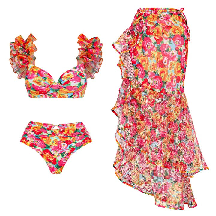 Detachable Double Shoulder Strap With Ruffles One Piece Swimsuit and Sarong