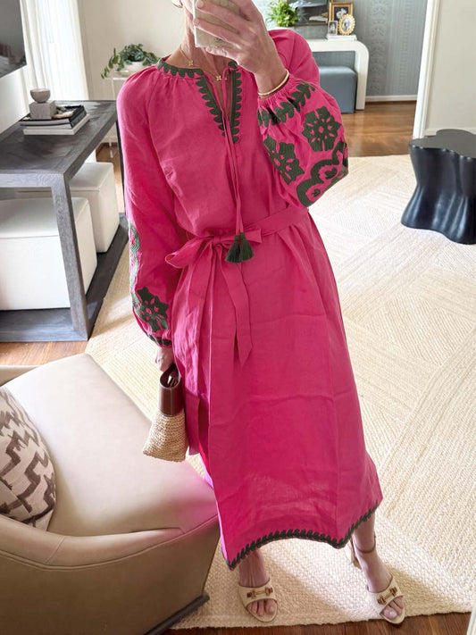 Embroidered Tassel V Neck Dress