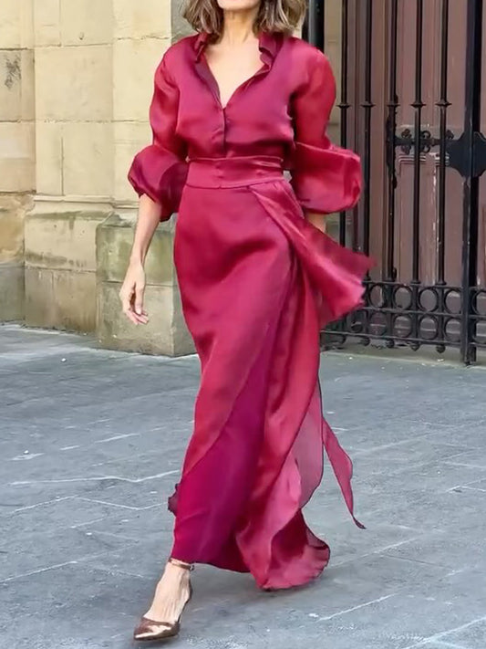 Elegant Puff Sleeve Two Pieces Dress