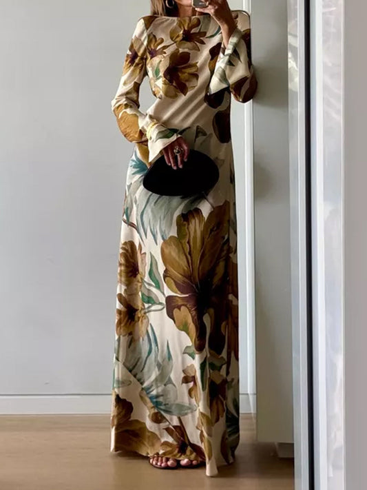 Open Back Printed Long Sleeve Maxi Dress