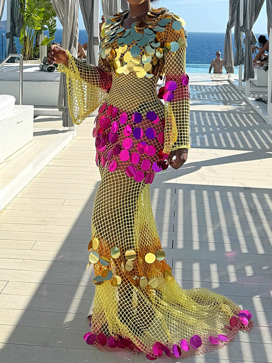 Fashion Sequined Hollowed Out Sexy Maxi Dress