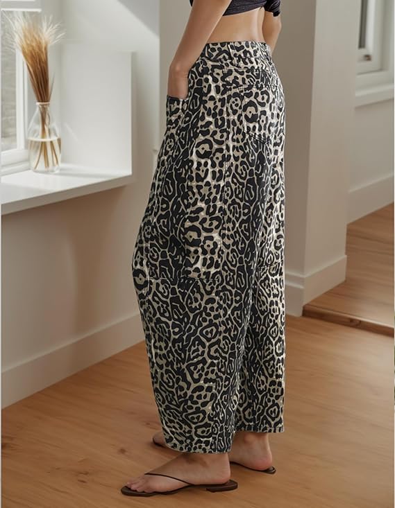 Leopard Print Wide Leg Denim Cropped Pants