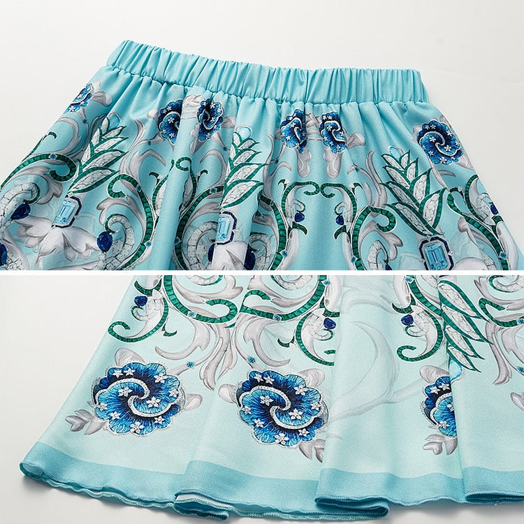 Sling Blue Jewelry Series Pattern Print One Piece Swimsuit and Skirt or Sarong