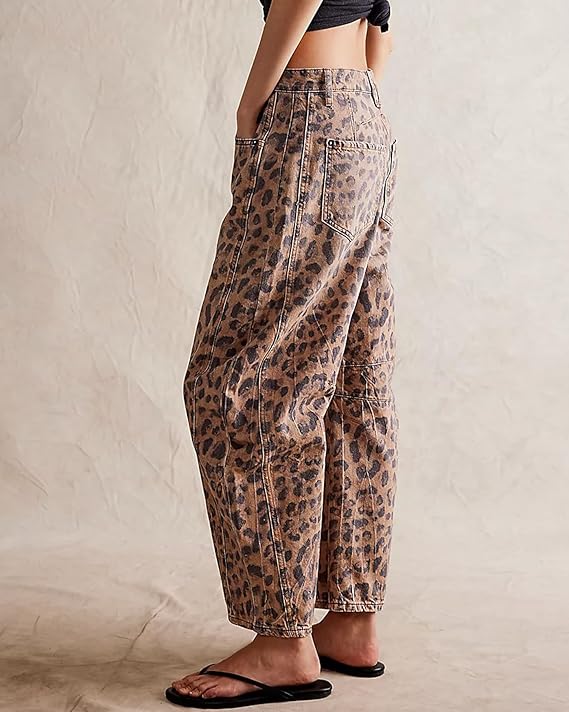 Leopard Print Wide Leg Denim Cropped Pants