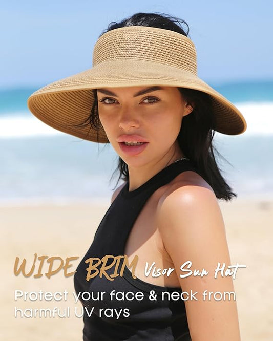 Foldable Wide Brim Straw Woven Curly Ponytail Summer Beach Hat