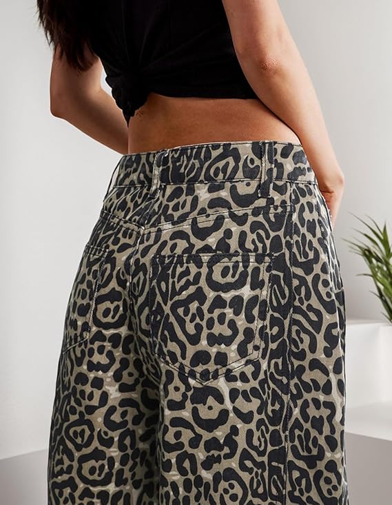 Leopard Print Wide Leg Denim Cropped Pants