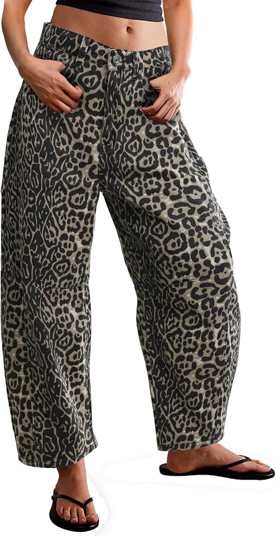 Leopard Print Wide Leg Denim Cropped Pants