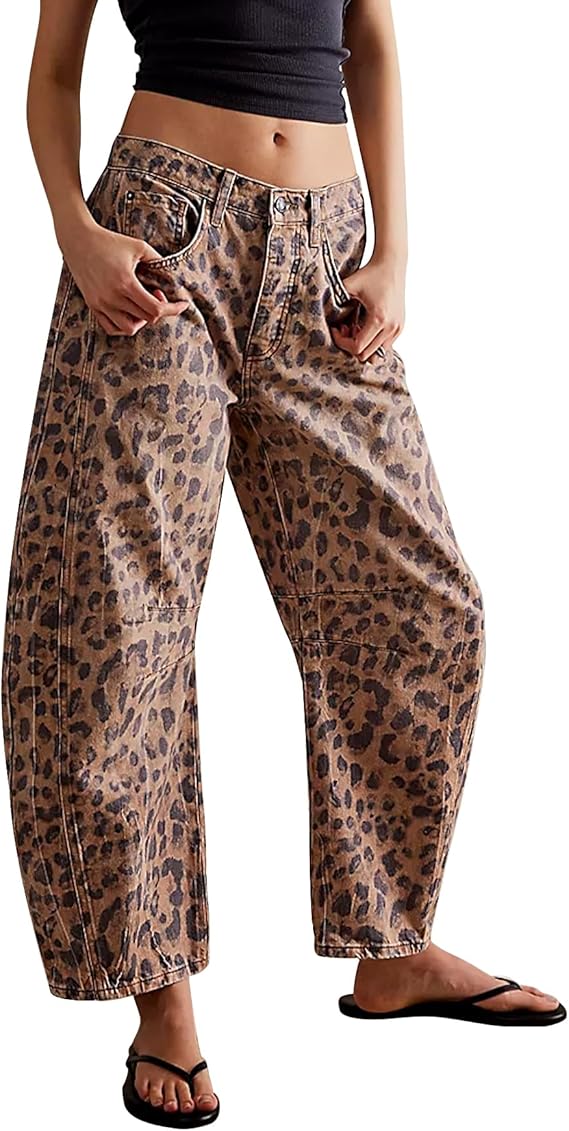 Leopard Print Wide Leg Denim Cropped Pants