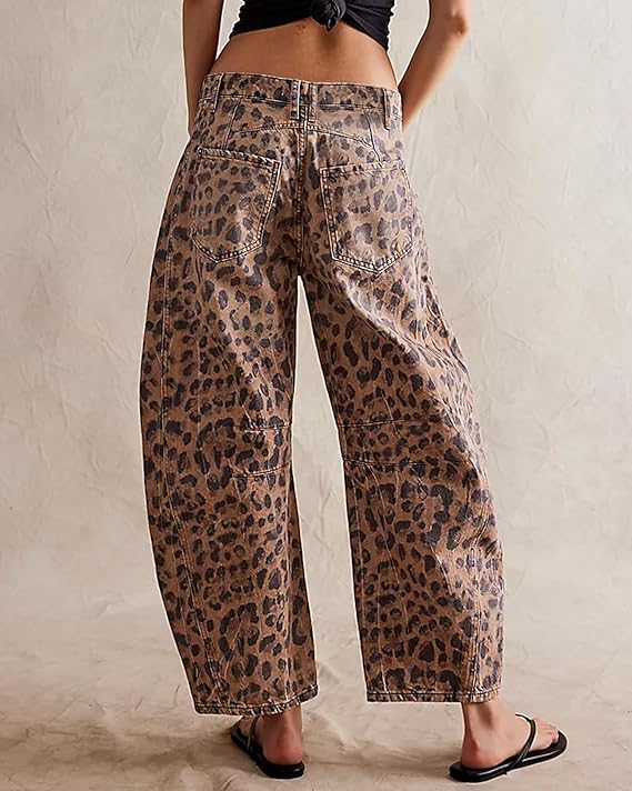 Leopard Print Wide Leg Denim Cropped Pants