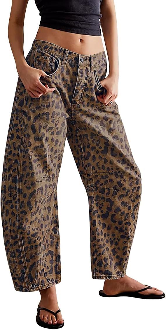 Leopard Print Wide Leg Denim Cropped Pants