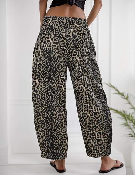 Leopard Print Wide Leg Denim Cropped Pants