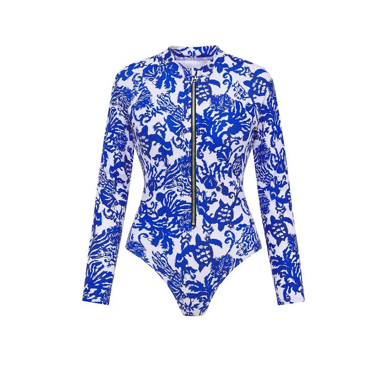 Long Sleeve Zip Front Blue White One Piece Surf Swimsuit and Sarong