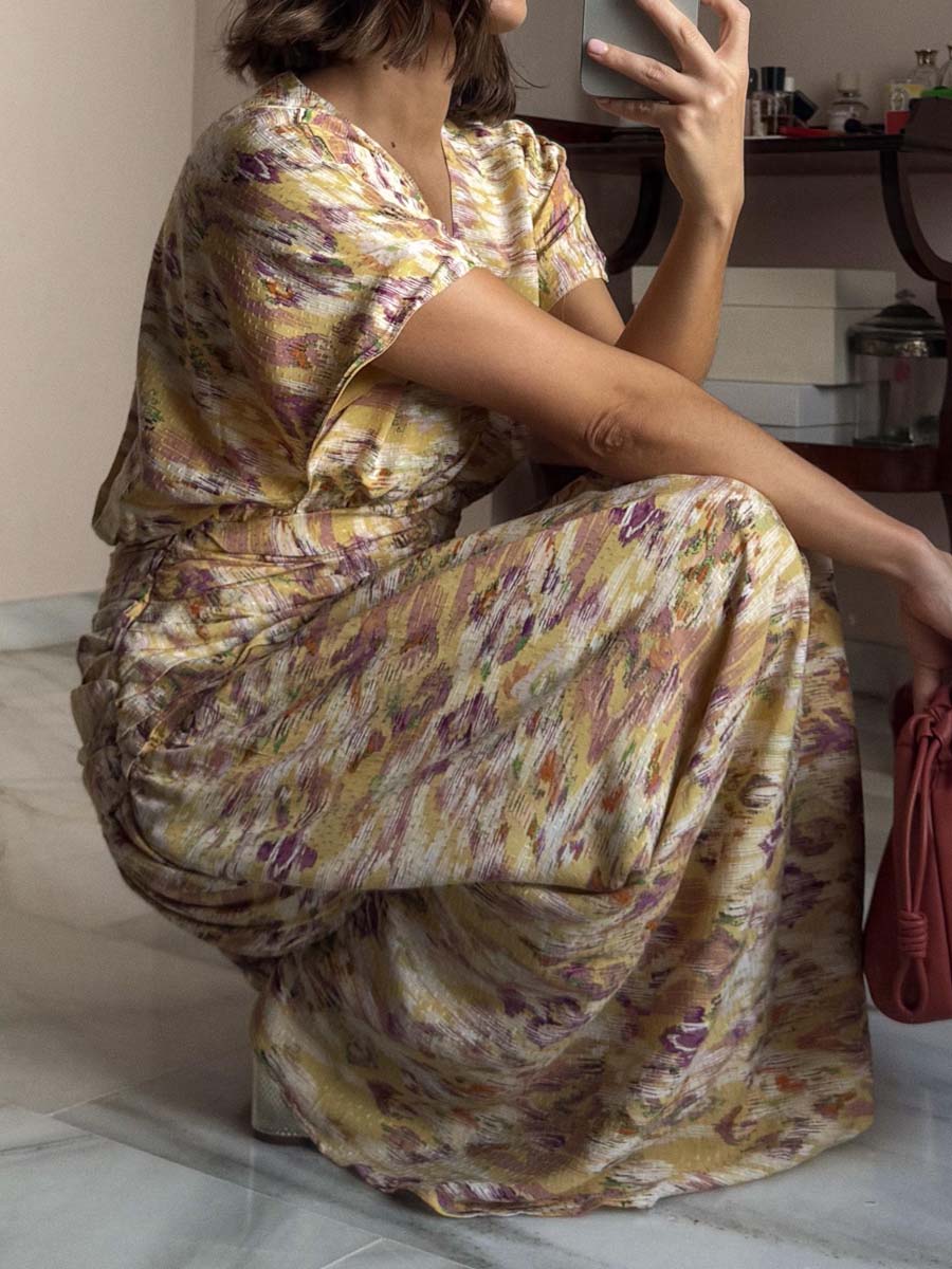 Printed V Neck Pleated Dress