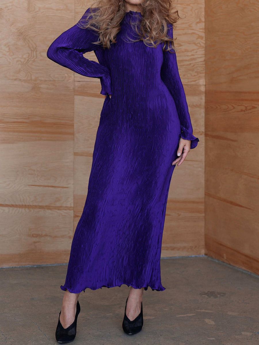 Ruffled Solid Long Sleeve Pleated Dress