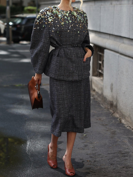 Plaid Print Rhinestone Sparkle Two Pieces Dress