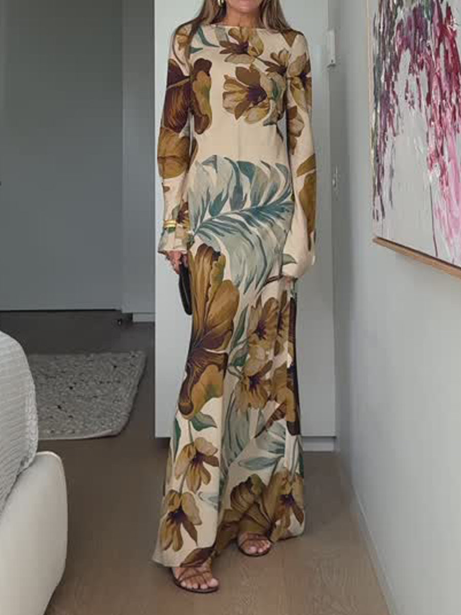 Open Back Printed Long Sleeve Maxi Dress