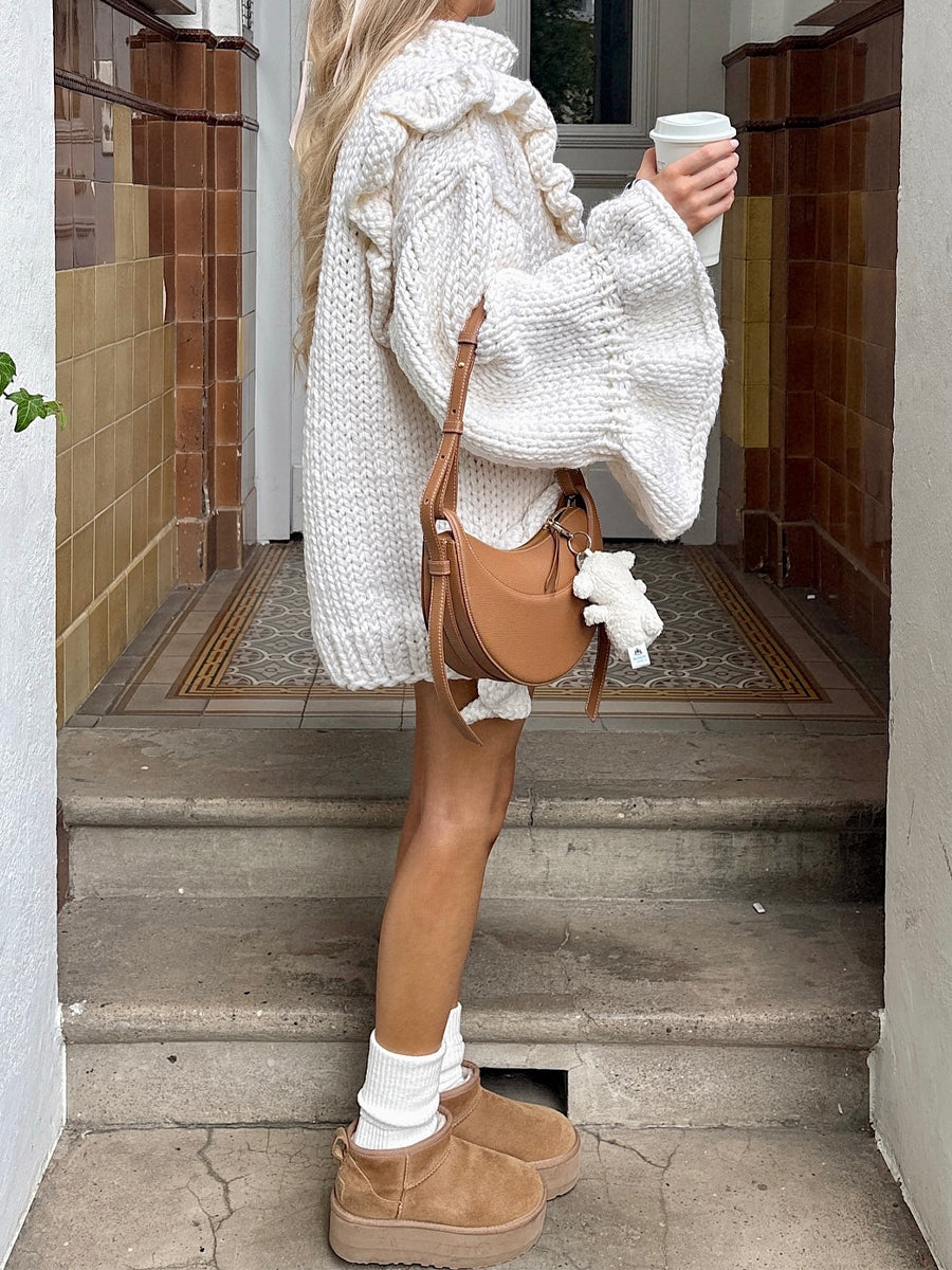 Oversized Ruffle Bell Sleeves Sweater Chunky Dress