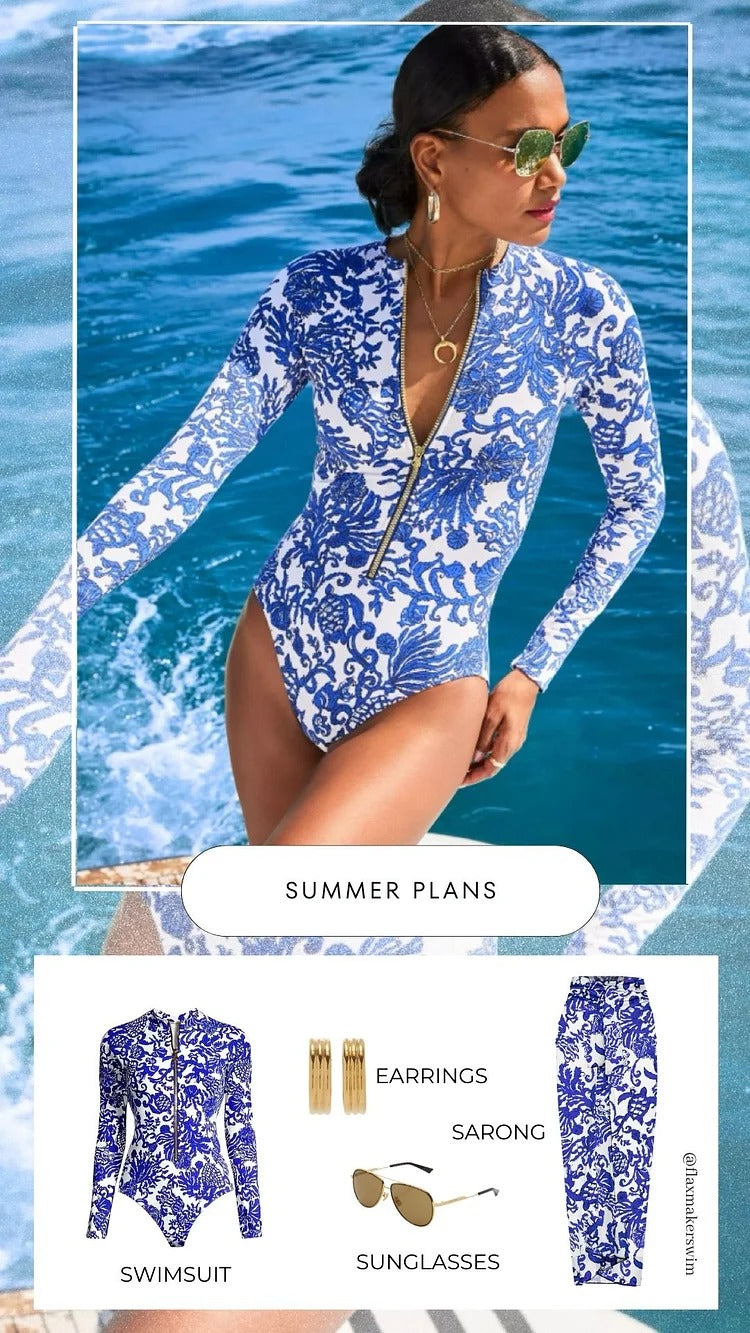 Long Sleeve Zip Front Blue White One Piece Surf Swimsuit and Sarong