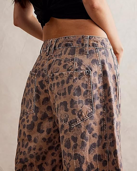 Leopard Print Wide Leg Denim Cropped Pants