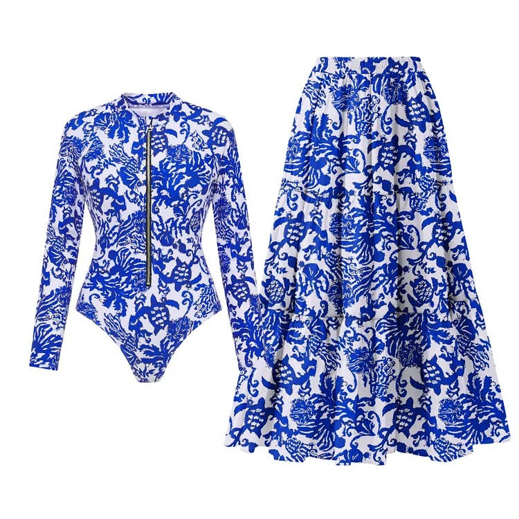 Long Sleeve Zip Front Blue White One Piece Surf Swimsuit and Sarong